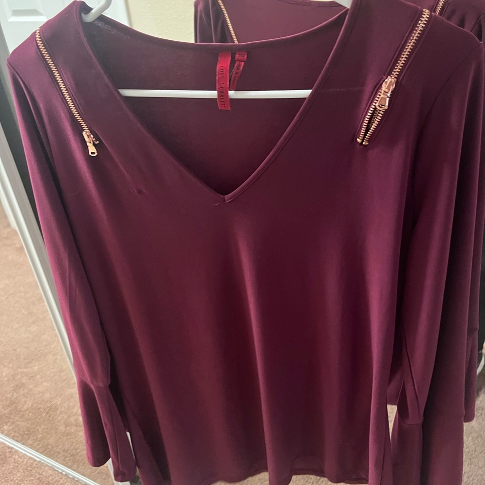 Macy’s Women's Burgundy Top with Zipper Accents
